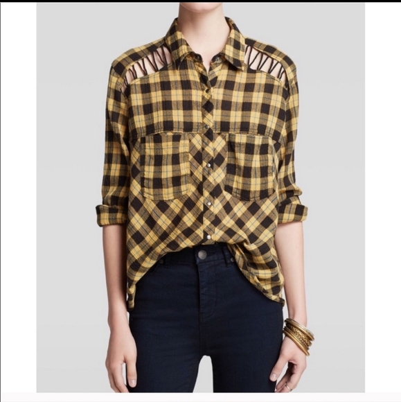 Free People tunic top med. Relaxed fit plaid yellow black - Picture 2 of 7